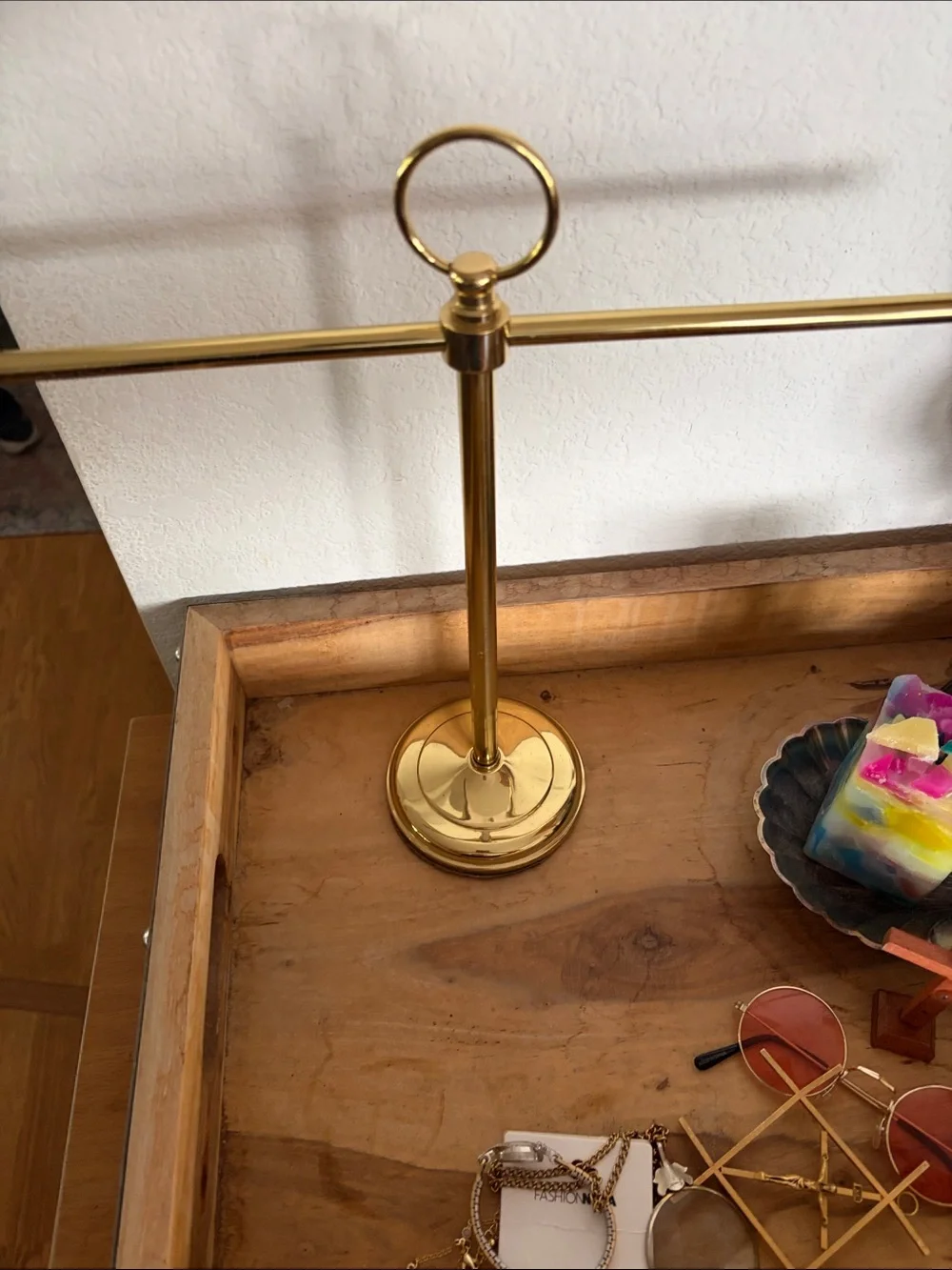 Gold Towel and Jewelry Stand with Ring Top